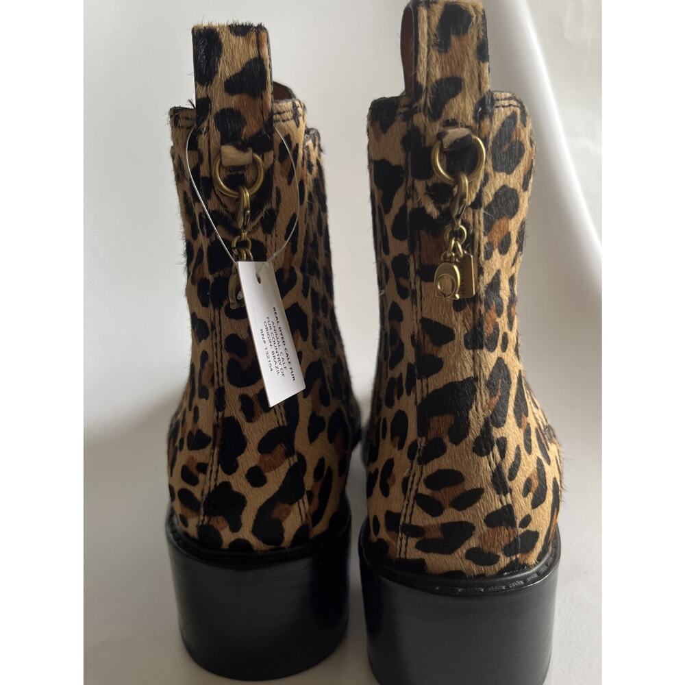 COACH Boots Sz 9 Women's Animal Print Bowery Heel Bootie Calf Fur Charm Cheetah - Picture 6 of 16